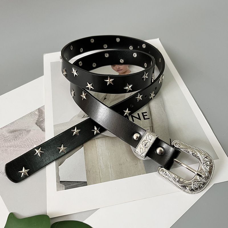 Retro carved head y2k star elements sparkling rivets genuine leather everyday versatile chic belt belt trouser belt trendy_viptrois.com
