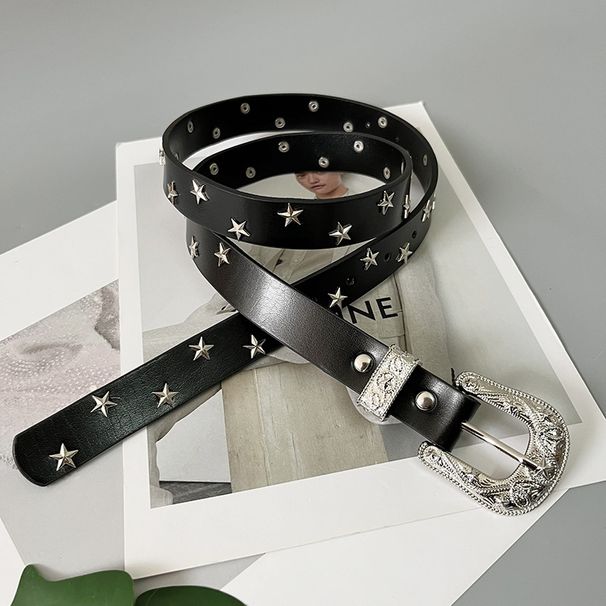Retro carved head y2k star elements sparkling rivets genuine leather everyday versatile chic belt belt trouser belt trendy_viptrois.com