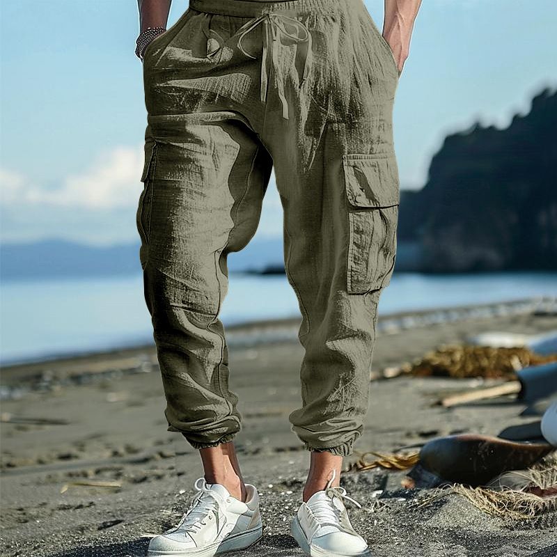 Workwear Casual Men's Trousers Large Size With Drawstring Multi Pocket Wide Tube Thin Cotton And Linen Summer Pants_viptrois.com