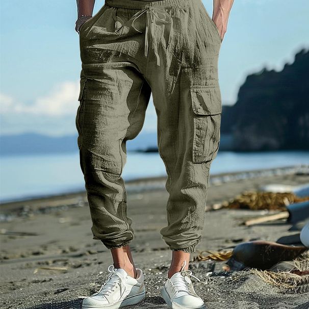 Workwear Casual Men's Trousers Large Size With Drawstring Multi Pocket Wide Tube Thin Cotton And Linen Summer Pants_viptrois.com
