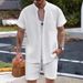 Men's Clothing Shirt Casual Henry Collar Pocket Short Sleeved Shorts Beach Suit_viptrois.com