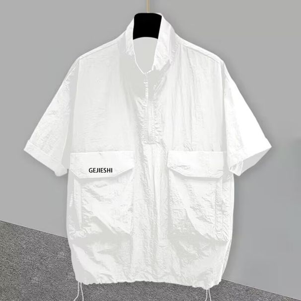 Summer Stand Up Collar Zipper Short Sleeved Top With Three-dimensional Pocket Design, Workwear, Half Sleeved Loose T-shirt_viptrois.com
