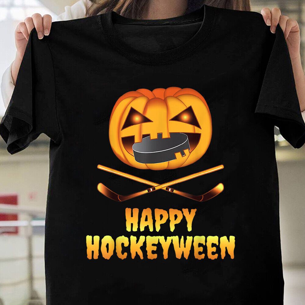 Happy Hockeyween Hockey Pumpkin Eating Puck Funny Halloween T-Shirt Mens Womens Tees Top Tops Tee_viptrois.com