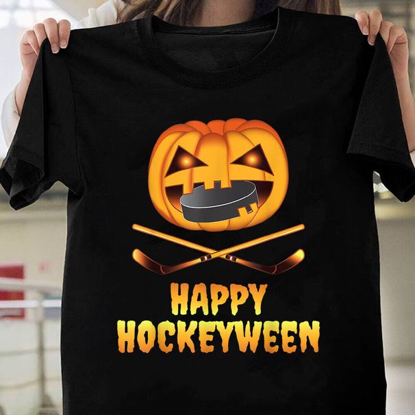 Happy Hockeyween Hockey Pumpkin Eating Puck Funny Halloween T-Shirt Mens Womens Tees Top Tops Tee_viptrois.com