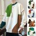 Men’s Patchwork Knit Sweater – Oversized Color Block Pullover, Machine Washable Polyester Blend (Winter Streetwear, Youth Fashion, Unisex Casual)_viptrois.com