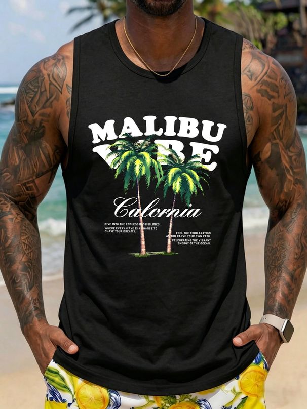 Canotta Uomo Girocollo 100% Cotone Stampa Palme Mare Morbida Traspirante Senza Maniche Vacanze Casual Estivo Multicolore_viptrois.com
