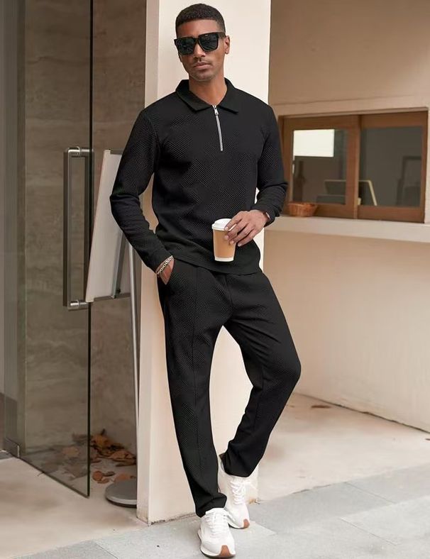 Men's Clothing New Men's Jacquard Long Sleeved Trousers Two Piece Suit Fashion Casual Sports Solid Color Suit Men's Clothing_viptrois.com