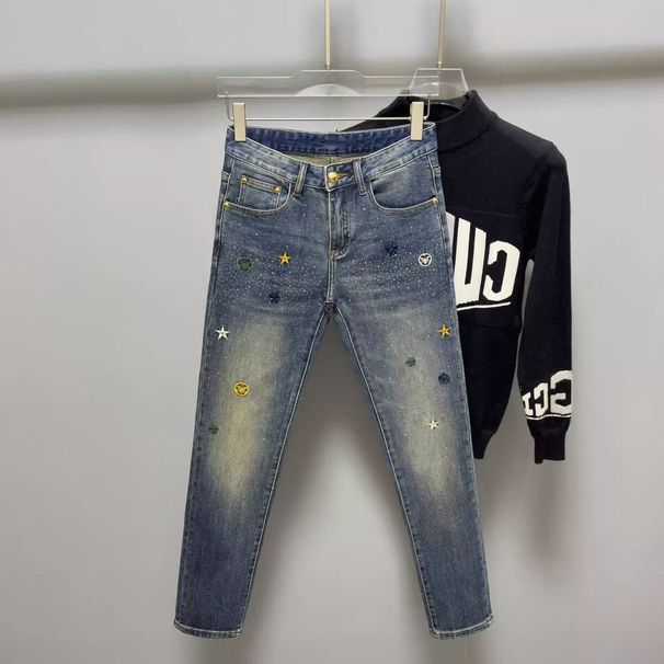 Internet Celebrity Summer American Style Light Luxury Jeans Men's Trendy Brand Embroidered Slim Fit Long Social Youth_viptrois.com