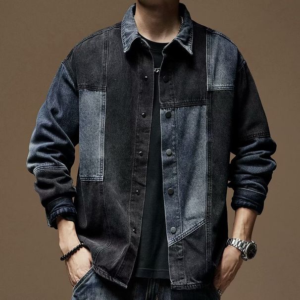 American Washed Retro Denim Men's Spring Splicing Contrasting Color Long-sleeved Shirt Men's Denim Jacket_viptrois.com
