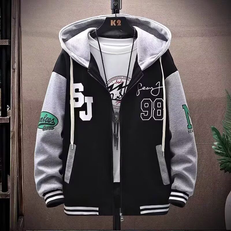 Youth Baseball Jacket – Unisex Zip-Up Hooded Windbreaker With Color Blocking (Black/Green, M-3XL)_viptrois.com