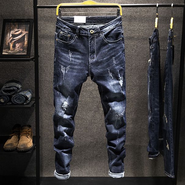 Men's Clothing Stretch Jeans Ripped Trendy Versatile Slim Simple Skinny Pants_viptrois.com