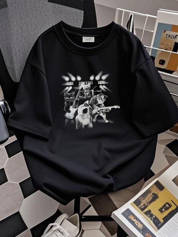 New Cat Band Shirt Cats Playing Guitar T-shirt Cotton Shirt AN438 Homme Fashion Unisex Top For Everyday Wear Graphic Soft Versatile Streetwear_viptrois.com