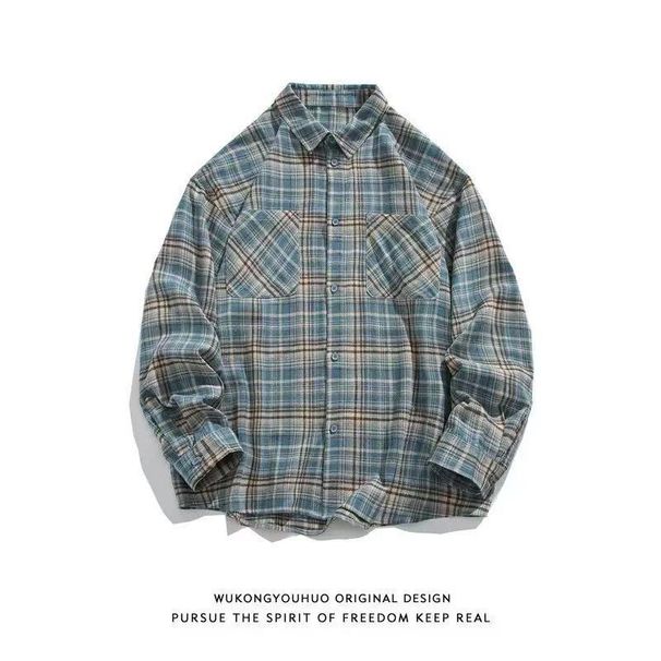 American Bruhed Plaid Hirt Men' Long Leeved Jacket 2025 Spring And Autumn Tyle Blue High-End Interior Lining_viptrois.com