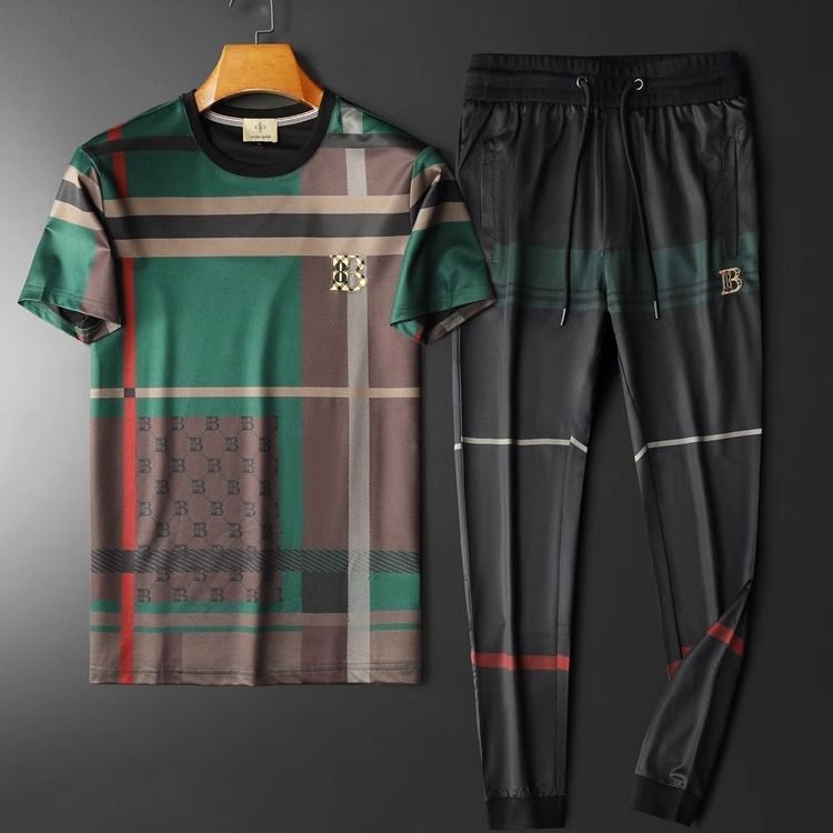 Light Luxury High-end Men's Trendy Plaid Printed Casual Sports Set, Summer Short Sleeved Long Pants Two-piece Set_viptrois.com