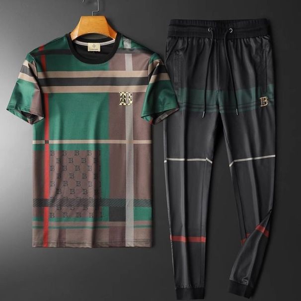 Light Luxury High-end Men's Trendy Plaid Printed Casual Sports Set, Summer Short Sleeved Long Pants Two-piece Set_viptrois.com