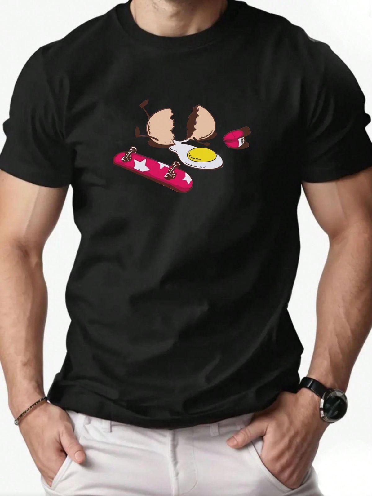 Maglietta Uomo Estiva 180g Cotone 100% Girocollo Stampa Uovo E Skateboard, Tessuto Traspirante Resistente Ai Lavaggi Per Streetwear Quotidiano_viptrois.com