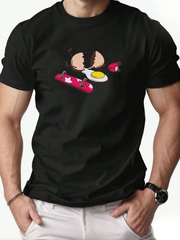Maglietta Uomo Estiva 180g Cotone 100% Girocollo Stampa Uovo E Skateboard, Tessuto Traspirante Resistente Ai Lavaggi Per Streetwear Quotidiano_viptrois.com