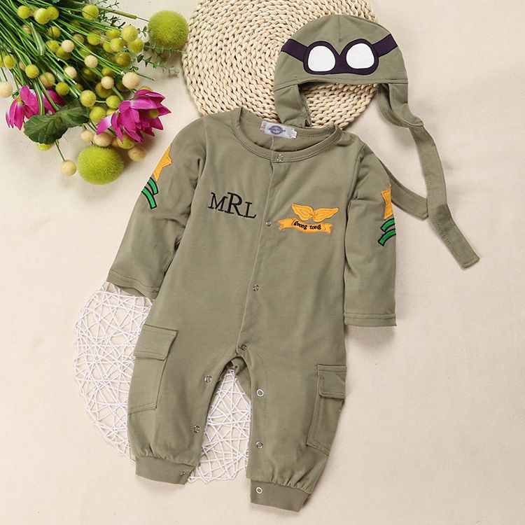 Kids'clothing Long sleeve jumpsuit with hat Army green baby pilot Ha clothes for children autumn_viptrois.com