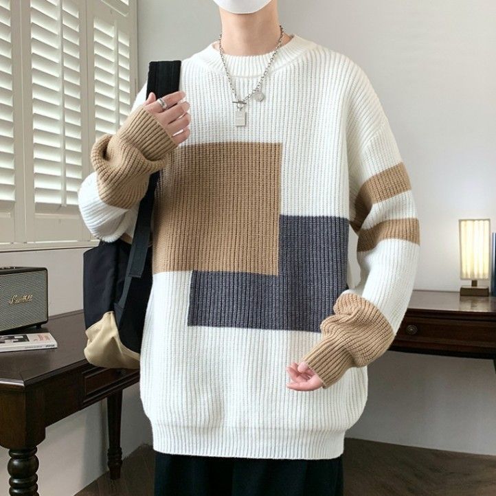 Color Blocking Striped Sweater Round Neck Long Sleeved Base Shirt For Teenagers, Thread Jacket, Knitted Sweater For Men_viptrois.com