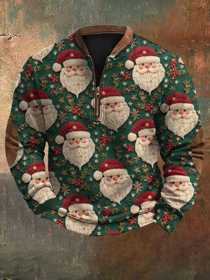 Pure European And American Cross-Border Independent Station 3D Digital Print Santa Claus Men's Zipper Crew Neck Autumn_viptrois.com