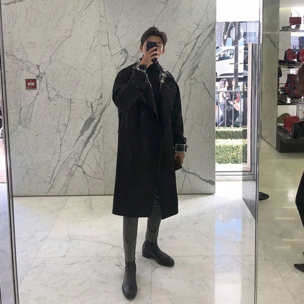 Autumn mid-length oversize windbreaker for men loose British style double breasted over the knee coat jacket for men_viptrois.com