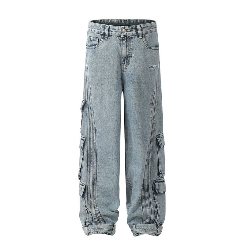 Men's Clothing Multi Pocket Workwear Jeans Loose Straight Wide Leg Casual Versatile Couple Hip Hop Mopping Trousers_viptrois.com