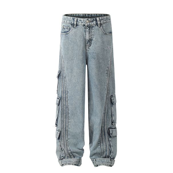 Men's Clothing Multi Pocket Workwear Jeans Loose Straight Wide Leg Casual Versatile Couple Hip Hop Mopping Trousers_viptrois.com