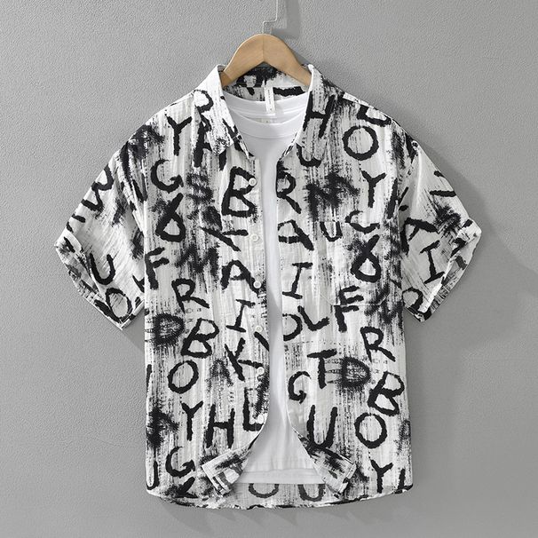 Trendy Letter Printed Short Sleeved Shirt For Men, Fashionable And Versatile, Artistic And Casual Loose Top_viptrois.com