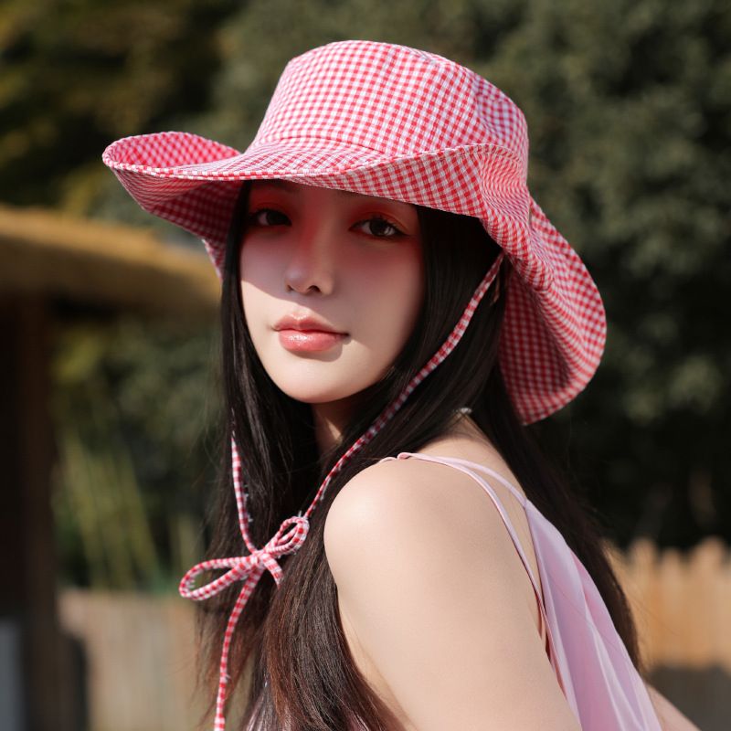 Fashionable Grid Sun Hat For Women, Summer Cycling Travel, UV Protection, Large Eave, Small Fresh Fisherman Hat, Trendy_viptrois.com