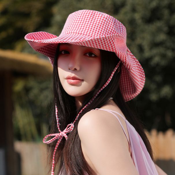 Fashionable Grid Sun Hat For Women, Summer Cycling Travel, UV Protection, Large Eave, Small Fresh Fisherman Hat, Trendy_viptrois.com