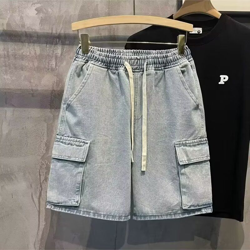 Trendy Men's Casual Workwear Denim Shorts, Summer Multi Mouth Bag, Elastic Waist, Work Wear Capris_viptrois.com