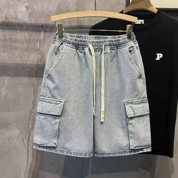 Trendy Men's Casual Workwear Denim Shorts, Summer Multi Mouth Bag, Elastic Waist, Work Wear Capris_viptrois.com