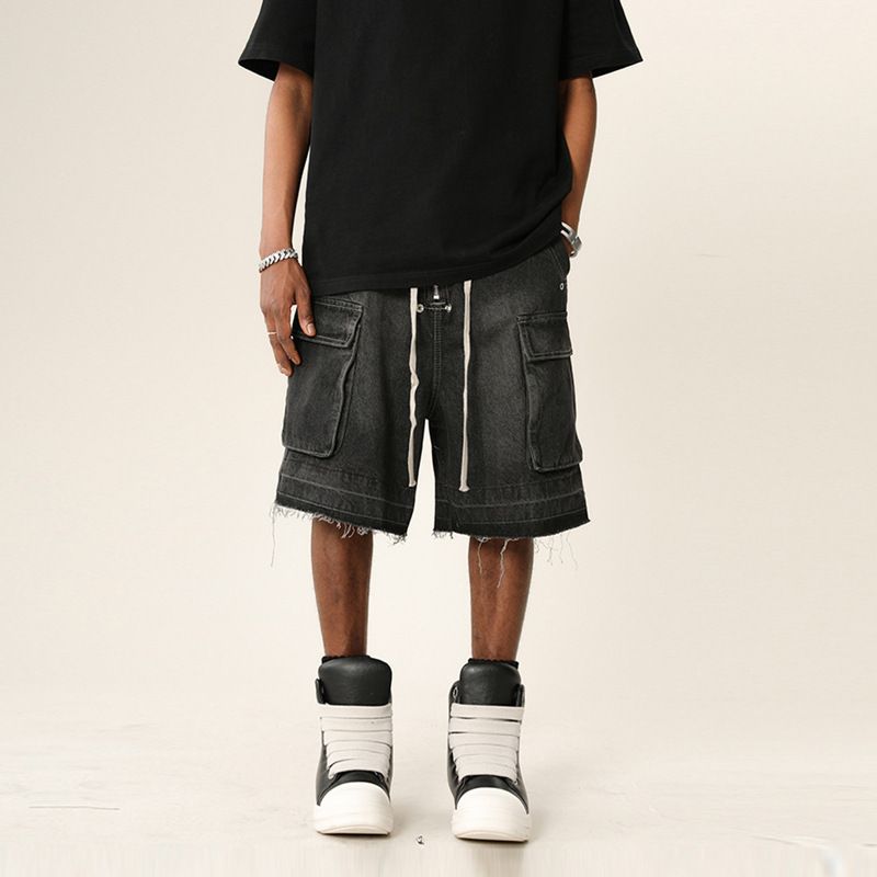 Men's Clothing High Street Vibe Washed Distressed Raw Edge Denim Shorts Pocket Workwear Loose Shorts_viptrois.com