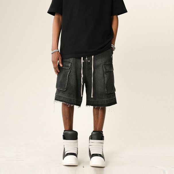 Men's Clothing High Street Vibe Washed Distressed Raw Edge Denim Shorts Pocket Workwear Loose Shorts_viptrois.com