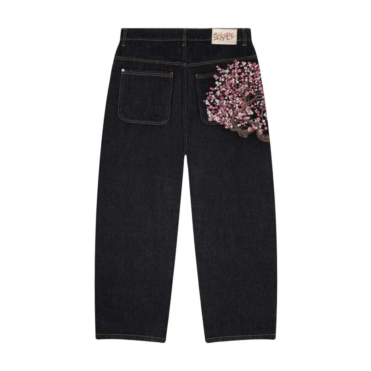 Derschutze Patchwork Cherry Blossom Embroidery Denim Pants Y2k Vintage Women Baggy Straight Wide Leg Jeans Street Men_viptrois.com
