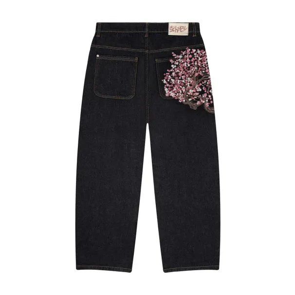 Derschutze Patchwork Cherry Blossom Embroidery Denim Pants Y2k Vintage Women Baggy Straight Wide Leg Jeans Street Men_viptrois.com