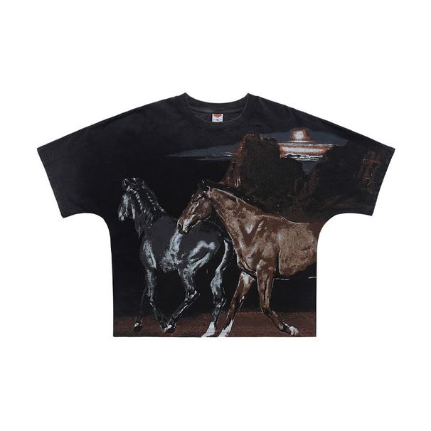 American-style Horse Year Print All-over Washed Vintage Loose One-piece Cut Short-sleeve T-shirt_viptrois.com