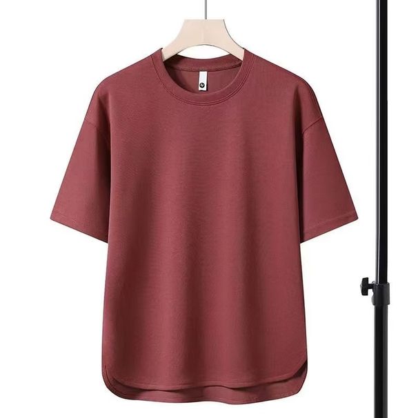 Men's Clothing Simple Casual Waffle Five Point Sleeve T Shirt Solid Color Loose Fashion Round Neck Top_viptrois.com
