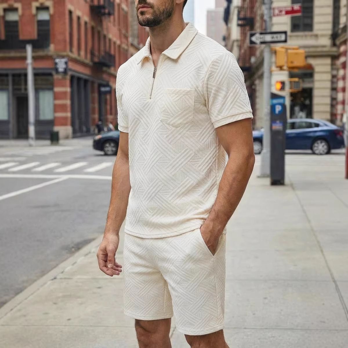 Men's Solid Jacquard Zip-Up Polo & Shorts Set – Spring Casual Outfit With Half-Zip Ventilation_viptrois.com