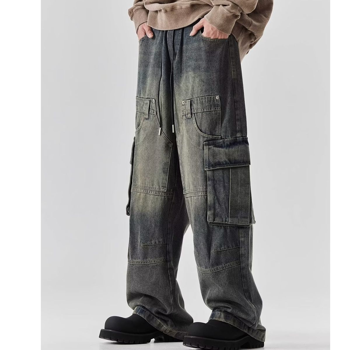 Vintage Blue Workwear Jeans For Men – Relaxed Fit Wide-Leg Denim Pants With Multi-Pockets (S-3XL, Washed Blue)_viptrois.com