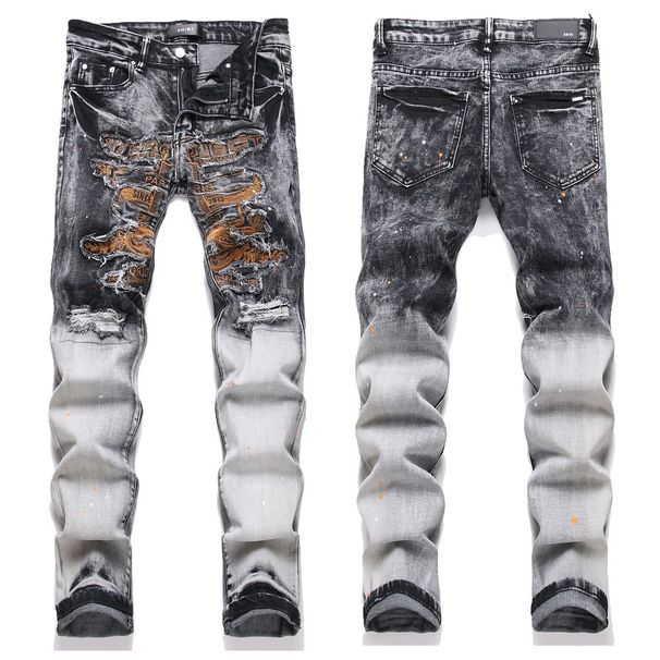 2024 New Style Washed Gray Perforated Patch Fabric Embroidered Elastic High Street Small Straight Leg Men's Jeans_viptrois.com