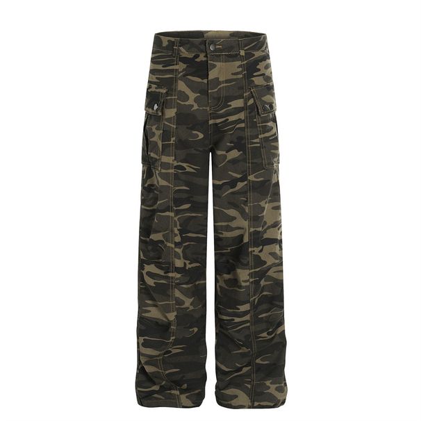 American High Street Workwear Camouflage Jeans Men's Pleated Paratrooper Trendy Loose Pocket Straight Wide-Leg Pants_viptrois.com