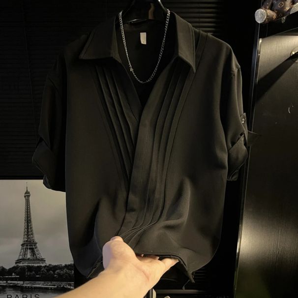 Men's Pleated Short Sleeved Shirt Slanted Placket Summer Ice Silk Cool Sophisticated Trendy Hairstylist Outerwear_viptrois.com