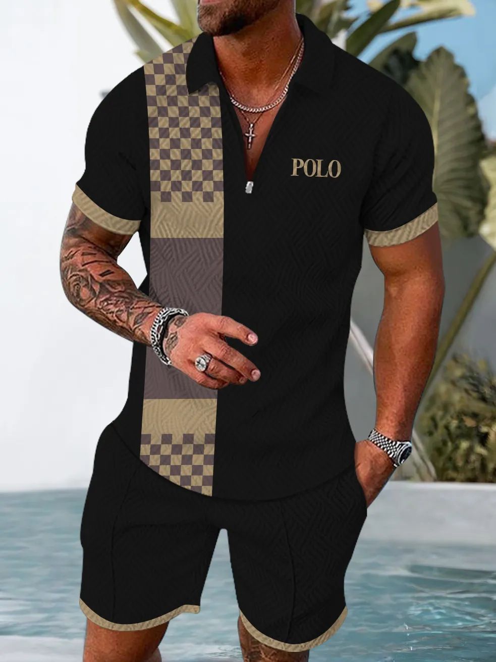 Men's Clothing Summer New Jacquard Men's Half Placket Zipper Top Shorts Casual Sports Suit_viptrois.com