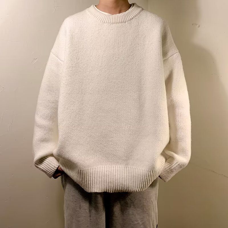 New round neck sweater for men in autumn and winter, loose solid color knit sweater, casual, simple and versatile thread jacket_viptrois.com