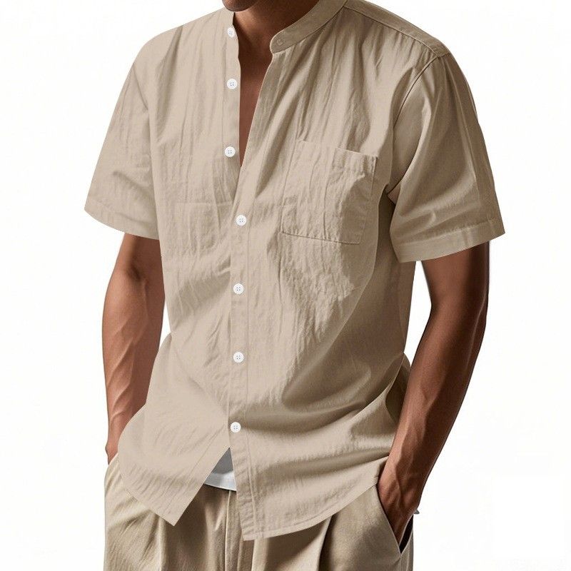 Men's Summer Loose Linen Cardigan Casual Stand Collar Beach Shirt Short Sleeve Solid Color American Style_viptrois.com