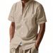 Men's Summer Loose Linen Cardigan Casual Stand Collar Beach Shirt Short Sleeve Solid Color American Style_viptrois.com