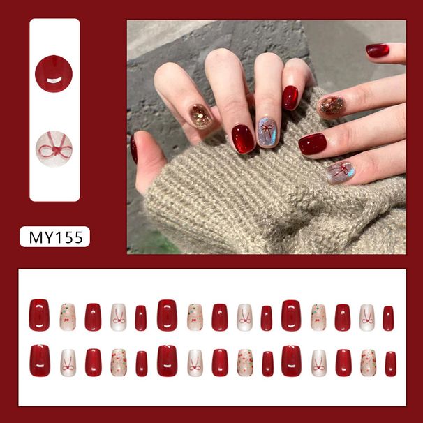 False Nails Cat's Eye Three Dimensional Red Bow Colorful Glitter Short Detachable Wearable Nail_viptrois.com