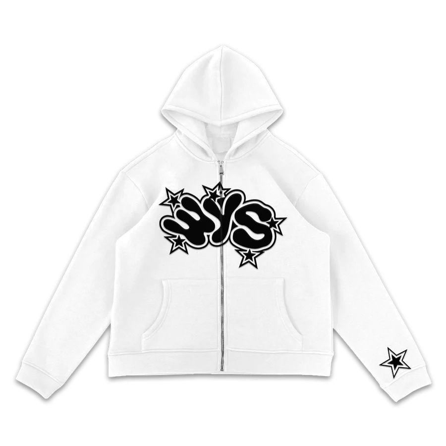 Unisex Streetwear Hoodie With Star & Letter Print – Zip-Up Oversized Pullover For Men/Women | Trendy Graphic Sweatshirt (Black/White/Grey/Cream)_viptrois.com
