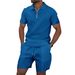 Summer Men's New Waffle Zipper Solid Color Turn-Down Collar Short Sleeve T-Shirt And Shorts Casual Set_viptrois.com